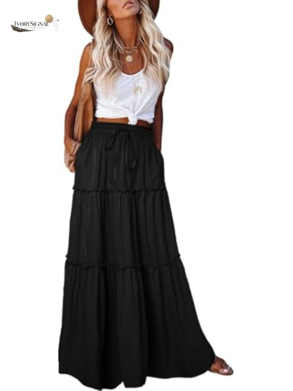 Boho Maxi Skirt for Women High Waist Flowy Long Tiered Skirt with Pockets